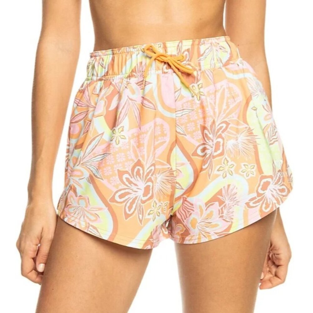 Roxy Juniors' New Fashion Tie-Waist Boardshorts Tropical Orange Print NWT Size S